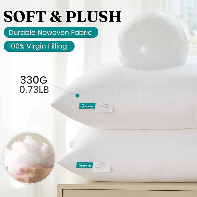 Oubonun 12 x 16 Throw Pillow Inserts - Soft, Plush & Decorative Down Alternative Pillows for Couch Sofa Bed, Machine Washable - White, Pack of 2