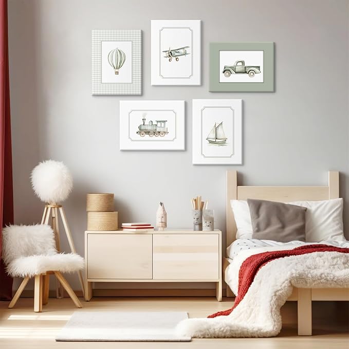 Sage Green Nursery Wall Art Boys Room Canvas Poster Kids Wall Decor Vintage Vehicle Prints Baby Toddler Pictures Transportation Plane Painting Train Truck Artwork for Bedroom 12x16 Inch Ready to Hang