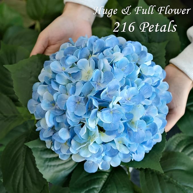JINWOE Blue Flowers Hydrangea Artificial Flowers, 4Pcs 22" Large Lifelike Silk Artificial Hydrangeas, Full Fake Flowers for Bouquet Table Centerpieces Outdoor Wedding Indoor Home