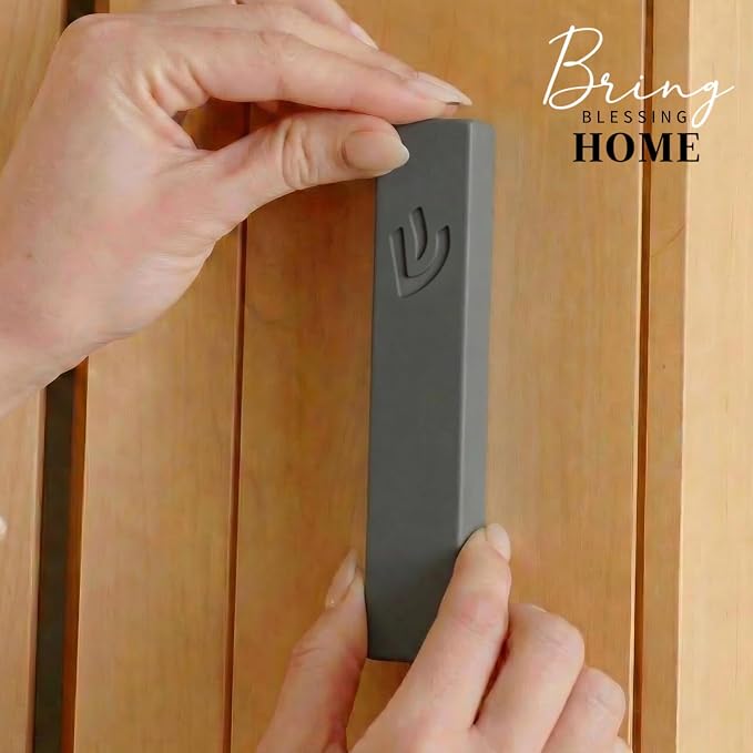SURI Mezuzah for Door – 6 Inch Dark Gray Concrete Mezuzah Case with Printed Scroll, Self-Stick Jewish Entry Design, Fits a 5 Inch Scroll, Gift Box Included