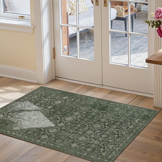 Rugxara Entryway Rug Door Mat, Washable Samll 2x3 Rug, Green Boho Front Door Mat, Non Slip Area Rugs, Low Pile Throw Accent Entry Carpet for Indoor Entrance, Bathroom and Kitchen(Green 2x3ft)