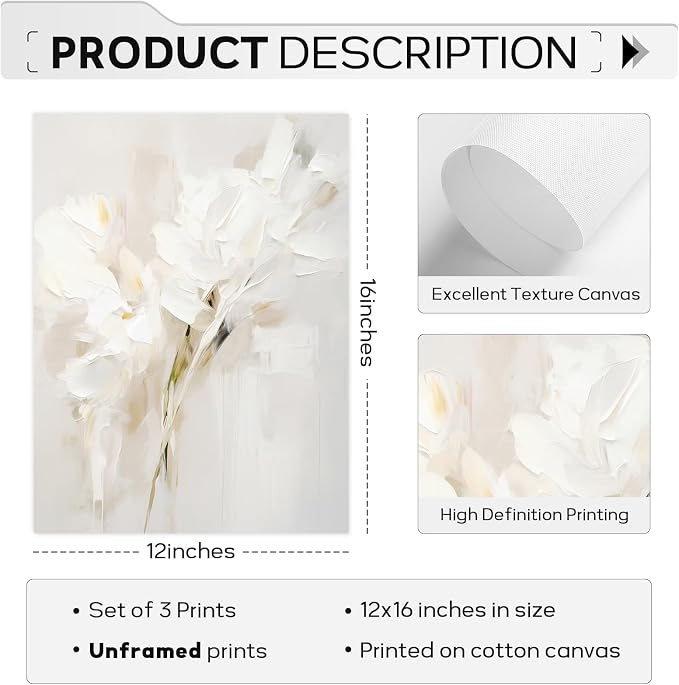 Neutral Wall Art Abstract Floral Canvas Pictures Beige Flower Wall Decor Modern Painting Minimalist Poster Abstract Botanical Prints White Artwork for Bedroom Living Room 12x16 Inch Unframed Set of 3