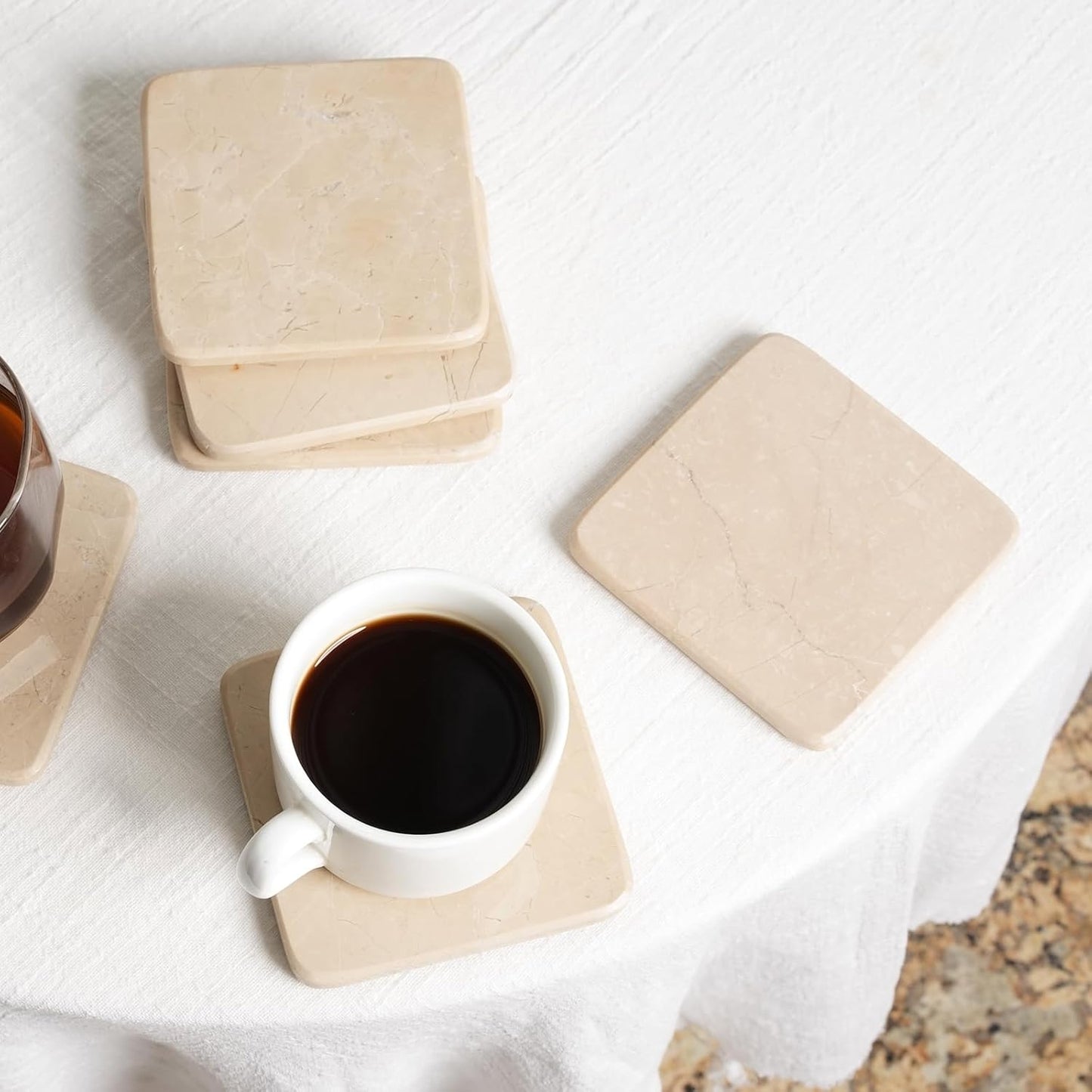 BCS Marble Coasters Set of 6 with Holder, Square Stone Drink Coasters for Coffee, Wine and Cocktails, Non-Slip Durable Cup Mats, Elegant Home, Bar & Kitchen Table Decor (Crema Beige)