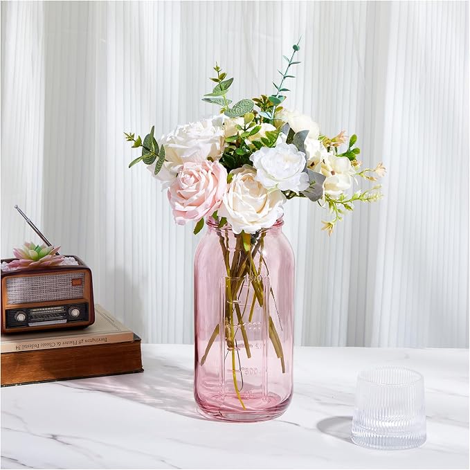 Norme 6 Pcs 64 oz Glass Mason Jars Glass Mason Jars Canning Container Set Embossed Half Gallon Fermenting Container with Airtight Lids for Canning Freezing Preserving Beverages Decor (Pink)