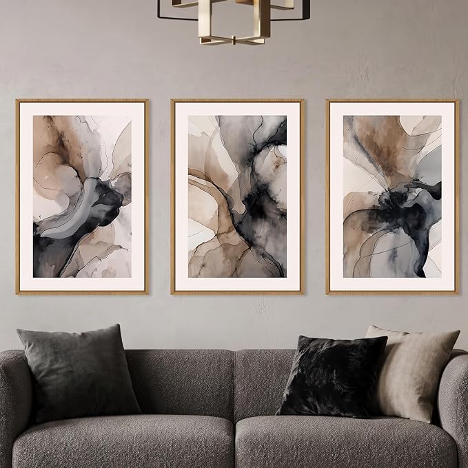Large Abstract Neutral Framed Canvas Wall Art,Watercolor Black Ink Wall Decor,Modern Beige Brown Prints,Minimalist Line Artwork for Living Room,Bedroom,Dining Room,Office-24 x36 x3