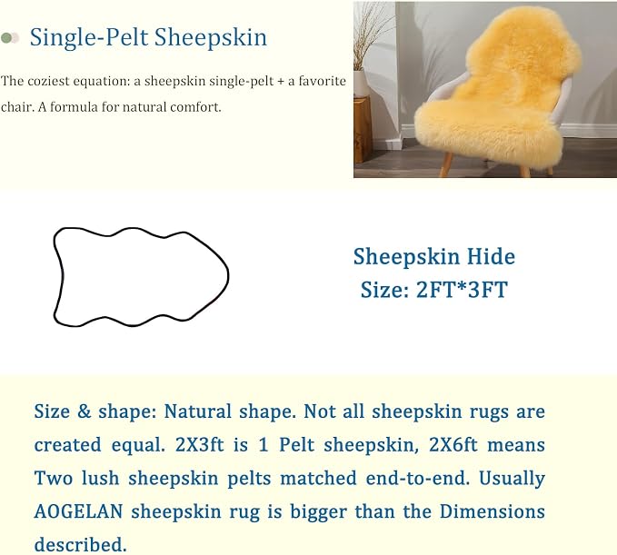 AOGELAN Premium Genuine Sheepskin Rug, Genuine Sheepskin Natural Fluffy Fuzzy Lambskin Fur Area Rug Seat Covers for Kids Bedroom Sofa Chair Cover Pets Dogs Mat Single Pelt/2' x 3' Golden Yellow