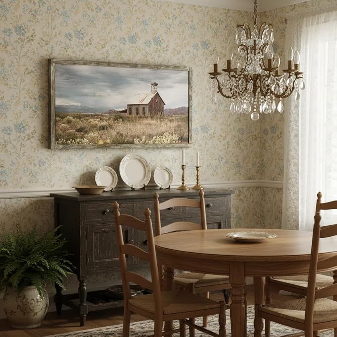 Country Wall Art Framed Picture: Large Farmhouse Old Barn Wood Painting Decor Rustic Bedroom Living Room Farm Scene Print Horizontal Panoramic Nature Landscape Countryside View Artwork for Home
