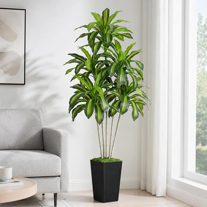 Dracaena Plant Artificial Tree 6Ft Tall Fake Tropical Floor Plants Potted (Real Touch) Artificial Silk Tree Leaf Faux Trees Black Tall Planter for Home Office Living Room Indoor Outdoor Decor