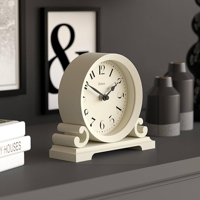JONES CLOCKS® Saloon Mantel Clock | Small Traditional Double Scroll Design | Pale Cream | Contemporary Classic Style for Desk, Table, Shelf or Bedside