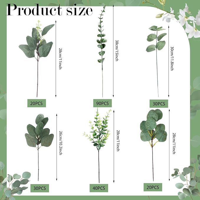 300 Pcs 6 Kinds Mixed Eucalyptus Leaves Stems Bulk Artificial Greenery Plants Fake Silver Dollar Eucalyptus Bundle Faux Plants Greenery for DIY Bouquets Floral Arrangement Wedding Engagement Decor