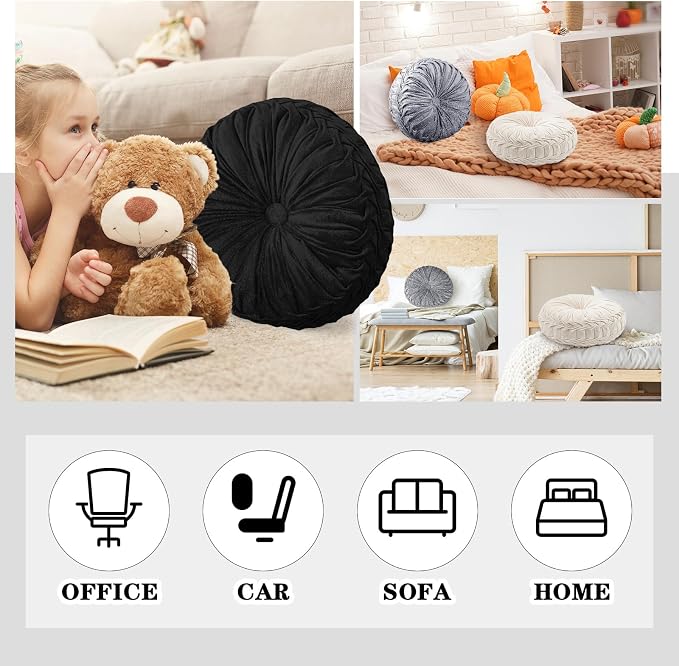 Drydiet 3 Pcs Round Throw Velvet Pillows Decorative Pleated Throw Pillows Diameter Accent Pumpkin Boho Chair Cushion for Couch Sofa Home Decoration (Black,White,Gray,15'')