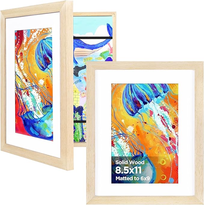 KINLINK 8.5x11 Kids Art Frame Set of 2, Solid Wood Kids Artwork Frames Changeable with Front Opening Hold 150 Pictures, Art Frames for Kids Art with Mat，without Mat 8.5x11 Picture Frame Natural