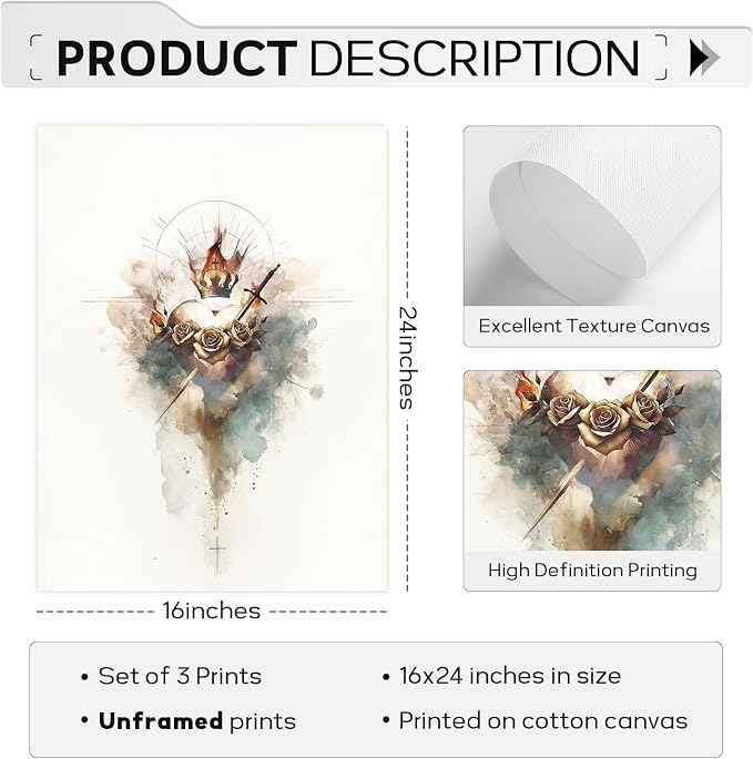 Jesus Canvas Wall Art Sacred heart of Jesus Pictures Christian Wall Decor Catholic Poster Religious Wall Art Heart of Mary and Joseph Painting Divine Mercy Prints for Bedroom 16x24x3 Inch Unframed
