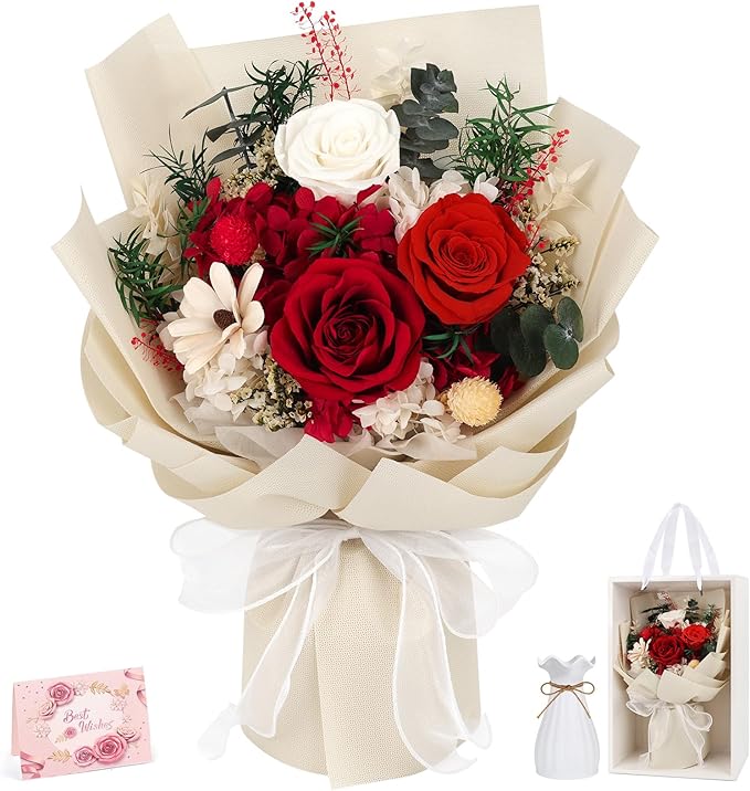 Flowers for Delivery Prime Preserved Flowers Bouquet with Vase That Last 3-5 Years Real Forever Flowers Red Rose Bouquet for Mom Mother Women Wife Friends Birthday Mothers Day Gifts