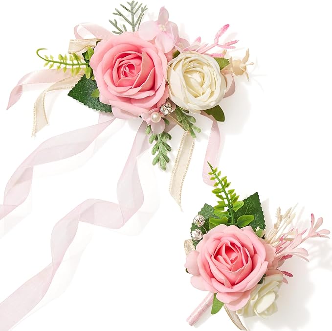 Alecono Pink Corsage and Boutonniere Set, Corsages for Bride Bridesmaid Groom Bridegroom, Artificial Flowers for Prom Graduation Ceremony Anniversary