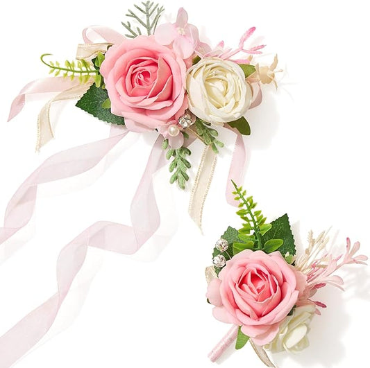Alecono Pink Corsage and Boutonniere Set, Corsages for Bride Bridesmaid Groom Bridegroom, Artificial Flowers for Prom Graduation Ceremony Anniversary