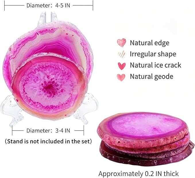 Pink Geode Drink Coasters Dyed 4-5" Set Agate Slice Large Gemstone Crystal Cup Mats for Coffee Table Wedding Creative Cards