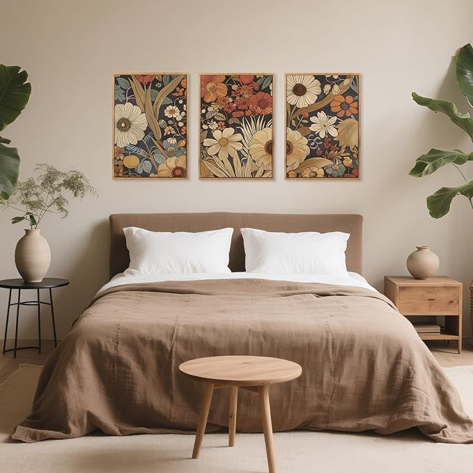 CHDITB Boho Burnt Orange Terracotta Wildflowers Framed Wall Art(12"x16"), 3 PCS Abstract Floral Canvas Artwork, Large Modern Vintage Botanical Nature Art Wall Decor for Home Office Living Room Bedroom