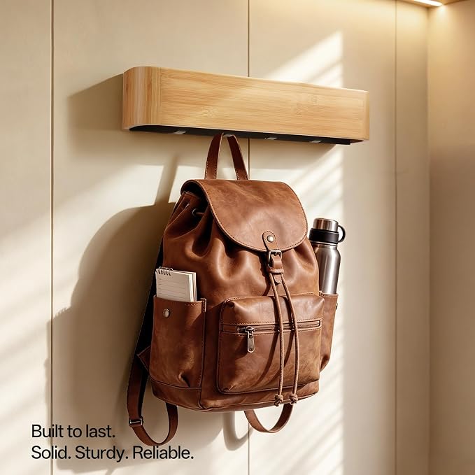 16" Bamboo Coat Rack Wall Mount, 4 Hidden Hooks, Compact, Natural | Solid Bamboo Shelf, 4 Heavy Duty Steel Hooks 44 lbs Each, Entryway Bathroom Bedroom Kitchen, Paper Template Easy Install