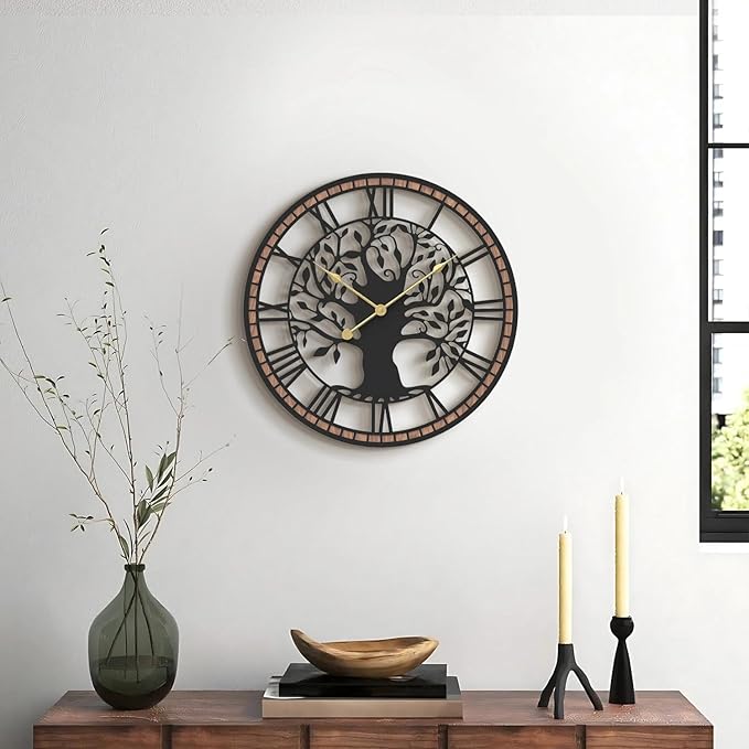 Micasso Wall Clocks Battery Operated: 15Inch Farmhouse Tree of Life Metal with Wood Frame - Rustic Roman Numerals Clock for Living Room/Office/Bedroom/Kitchen - Home Decor for Fashion-Conscious