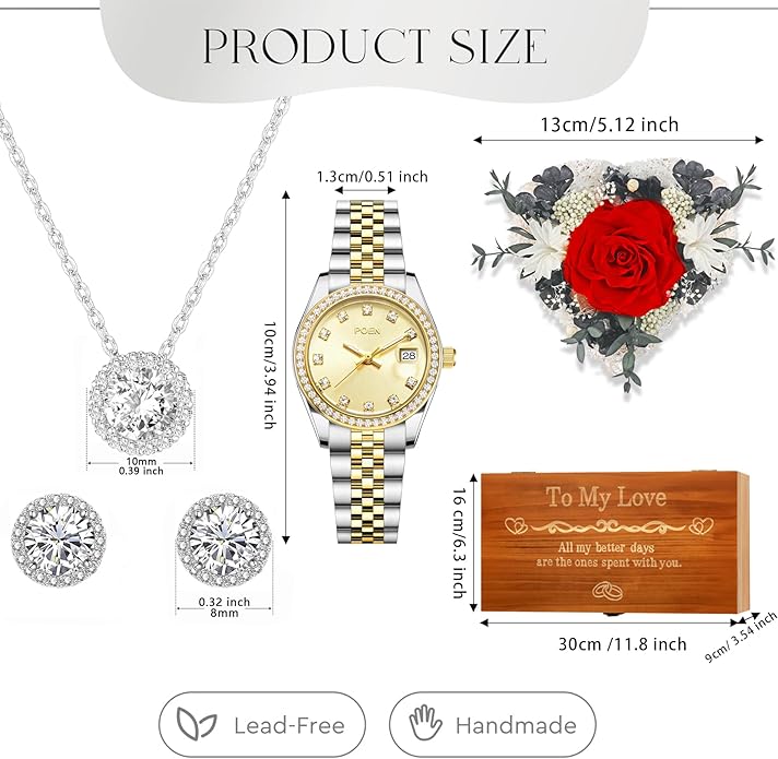 Birthday Gifts for Women-Preserved Roses Jewelry Set 925 Sterling Silver Necklace Earrings,Watches for Women,Wooden Jewelry Organizer-Mother’s Day, Anniversary,Thanksgiving,Christmas,Graduation Gifts