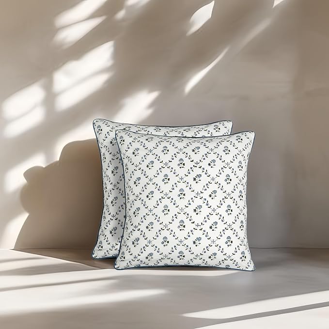 Ridhi Block Print Powder Blue Pillow Cover 20" x 20" (Pack of 2) Decorative Couch Pillows for Living Room, Chic Boho Cute Outdoor Pillows Covers Gifts for Spring, Easter and Valentine