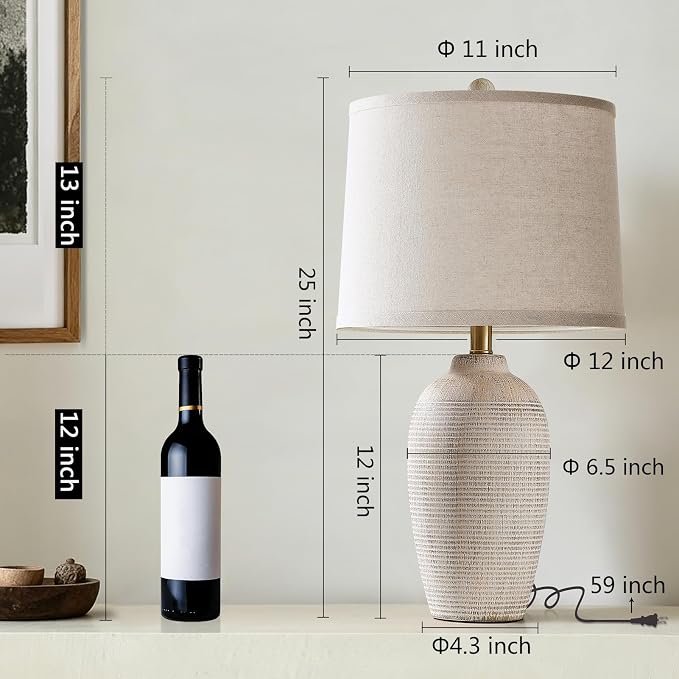 AIEAMPDO 25" Vintage Ceramic Table Lamp for Bedroom Living Room | Bedside Lamp with Linen Drum Shade, Neutral Modern Farmhouse Rustic Desk Lamp for Nightstand End Table, Bulb Included
