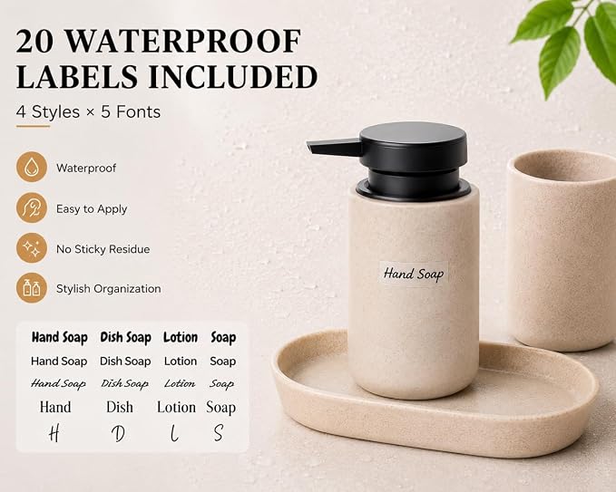 Clasin Home 3 Pcs Bathroom Accessories Set, Liquid Soap Dispenser with Large Pump, Toothbrush Holder Cup and Soap Dish, Sandstone Texture Bathroom Counter Set for Modern Home (Beige)