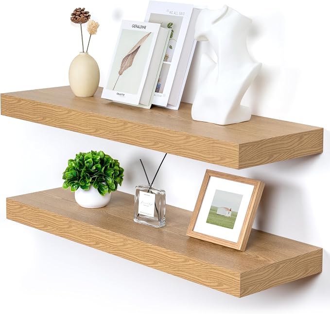 FLYJOE 36''x 12'' x 2'' Oak Floating Shelves Set of 2, 12 Inch Deep Oak Shelves for Wall, 36 Inches Long Rustic Farmhouse Style Shelves, Includes Metal Brackets & Hardware, 45Lbs Load Capacity