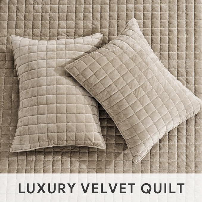RECYCO Luxury Velvet Quilt Set King Size Bedding Sets, Ultra Soft Velvet Comforter Set, Lightweight Channel Box Stitch Oversized Bedspread Coverlet for All Season, with 2 Shams, Urban Taupe