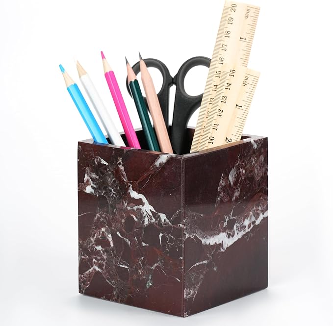 Marble Makeup Brush Holder - Viola Red Candle Toothbrush Cup For Bathroom Accessories, Decorative Pencil Organizer For Office Desk Aesthetic, Stone Utensil Container For Kitchen Countertop