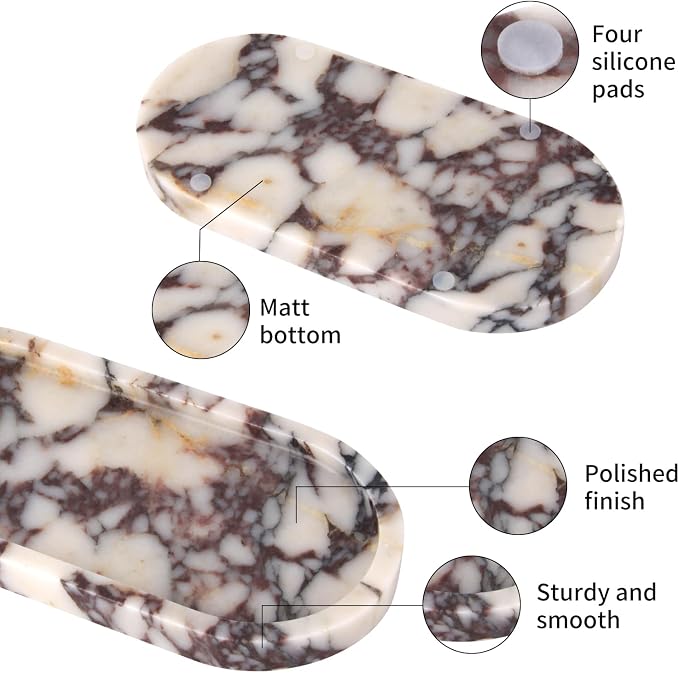 Oval Marble Bathroom Vanity Tray, Natural Luxury Marble Home Kitchen Bathroom Table Tray, Stone Decorative Countertop Tray for Coffee Perfume Jewelry (Calacatta Viola, 10" x 5" x 0.6")