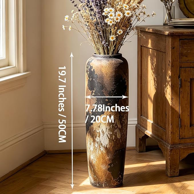 Black Rustic Ceramic Tall Floor Vase, 23.6 Inch Vintage Large Farmhouse Vase Pottery Clay Terracotta Rustic Vases for Home Decor Living Room Entryway Table Centerpieces,Kitchen,Housewarming Gifts
