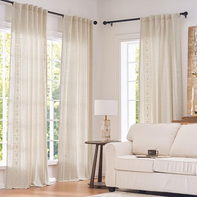 jinchan Weslie Boho Lined Linen Curtains for Bedroom Ivory Vintage Floral Farmhouse Curtains 84 Inches Long Linen Drapes for Living Room Embroidered Drapes Rod Pocket Ivory on Beige 2 Panels