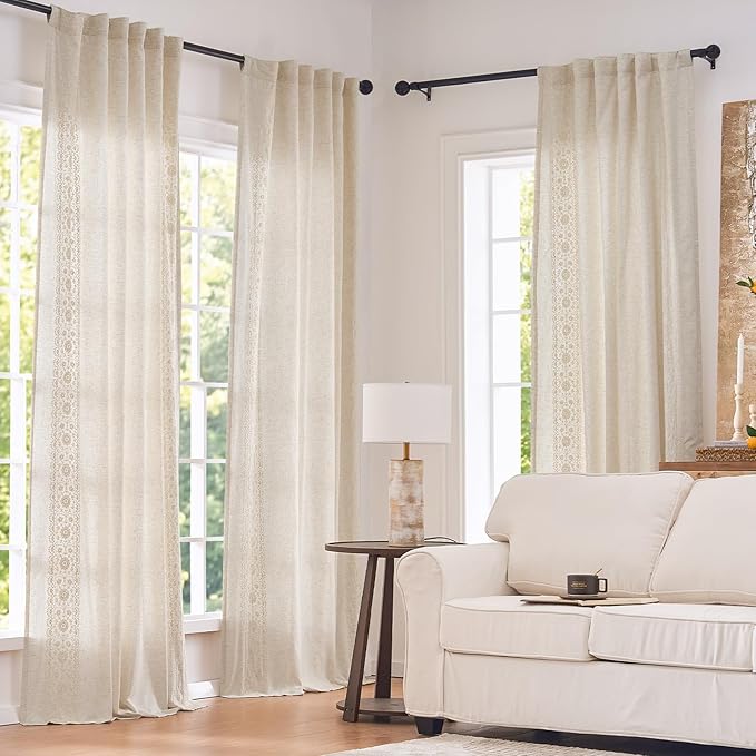jinchan Weslie Boho Lined Linen Curtains for Bedroom Ivory Vintage Floral Farmhouse Curtains 90 Inches Long Linen Drapes for Living Room Embroidered Drapes Rod Pocket Ivory on Beige 2 Panels