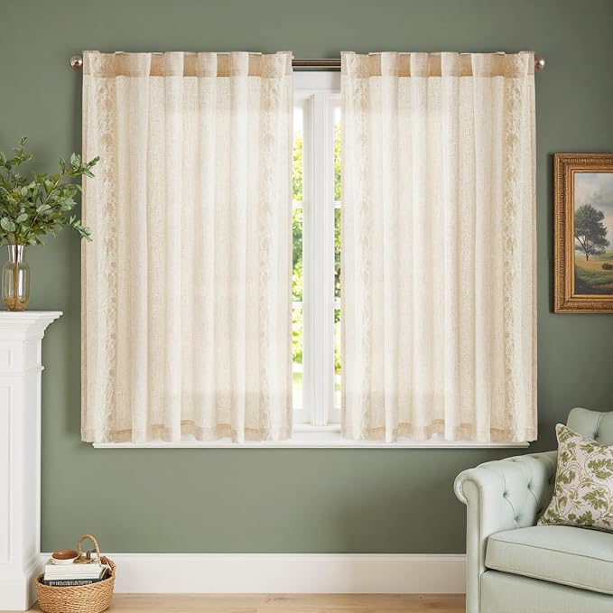 jinchan Ivory Floral Embroidered Linen Kitchen Curtains 54×45 Inch 2 Panels | Light filtering, back tab, rod pocket, cafe curtains for kitchen bedroom living room, cottage farmhouse, small window