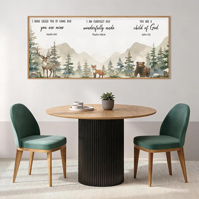 HPNIUB Woodland Animal Christian Framed Wall Art Set,Bible Verse Quote Wall Decor,Nature Forest Religious Art Print,Misty Forest Deer Bear Fox Artwork for Nursery,Kids Bedroom,Study Room-20"x40"