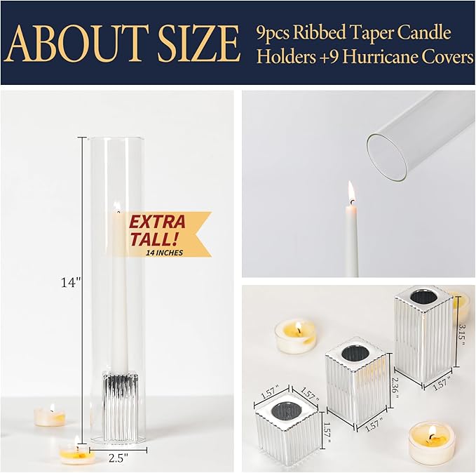 LETINE Hurricane Candle Holders with Silver Ribbed Taper Candle Holders Set of 9 (14")– Bulk Windproof Taper Candle Hurricane Glass for Outdoor&Indoors Wedding Centerpiece, Event & Home Decor