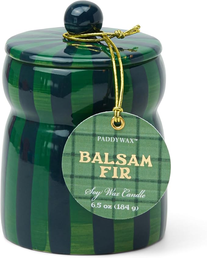 Paddywax Cabana Hand-Painted Scented Candle with Lid in Ceramic Reusable Jar, Clean-Burn Soy Candle, Balsam Fir Scent, Approx. 42 Hour Burn Time, 6.5 oz