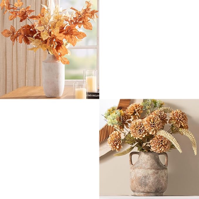 Mitt&Ditt Ceramic Flower Vase, Farmhouse Rustic Vase, Handcrafted Weathered Pottery Vases, Terracotta Vases for Home Decor, Living Room, Table, Shelf