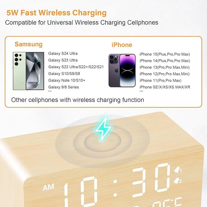 Andoolex Wooden Digital Alarm Clock with Wireless Charging, 0-100% Adjustable Brightness Dimmer and Alarm Volume, Weekday/Weekend Mode, Dual Alarm, Snooze, 12/24H, Wood LED Clock for Bedroom (Bamboo)