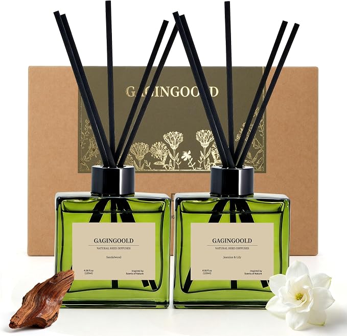 Reed Diffuser Set of 2, 4 fl oz Earthy Sandalwood & Jasmine Lily Scent Diffuser with 20 Sticks, 180 Days Long Lasting Elegant Home Fragrance for Bathroom Bedroom Decor Air Fresh