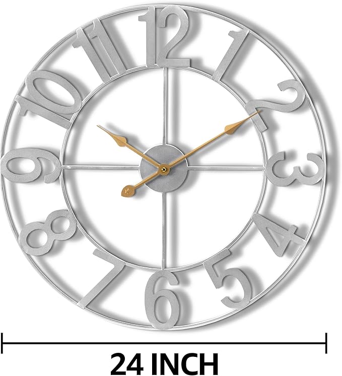 Sorbus Large Wall Clock for Living Room Decor - Wall Clock for Kitchen - 24 inch Big Wall Clock Decorative - Metal Wall Art - Analog Large Clock for Bedroom, Home, Kitchen, Office, Wall Decor (Silver)
