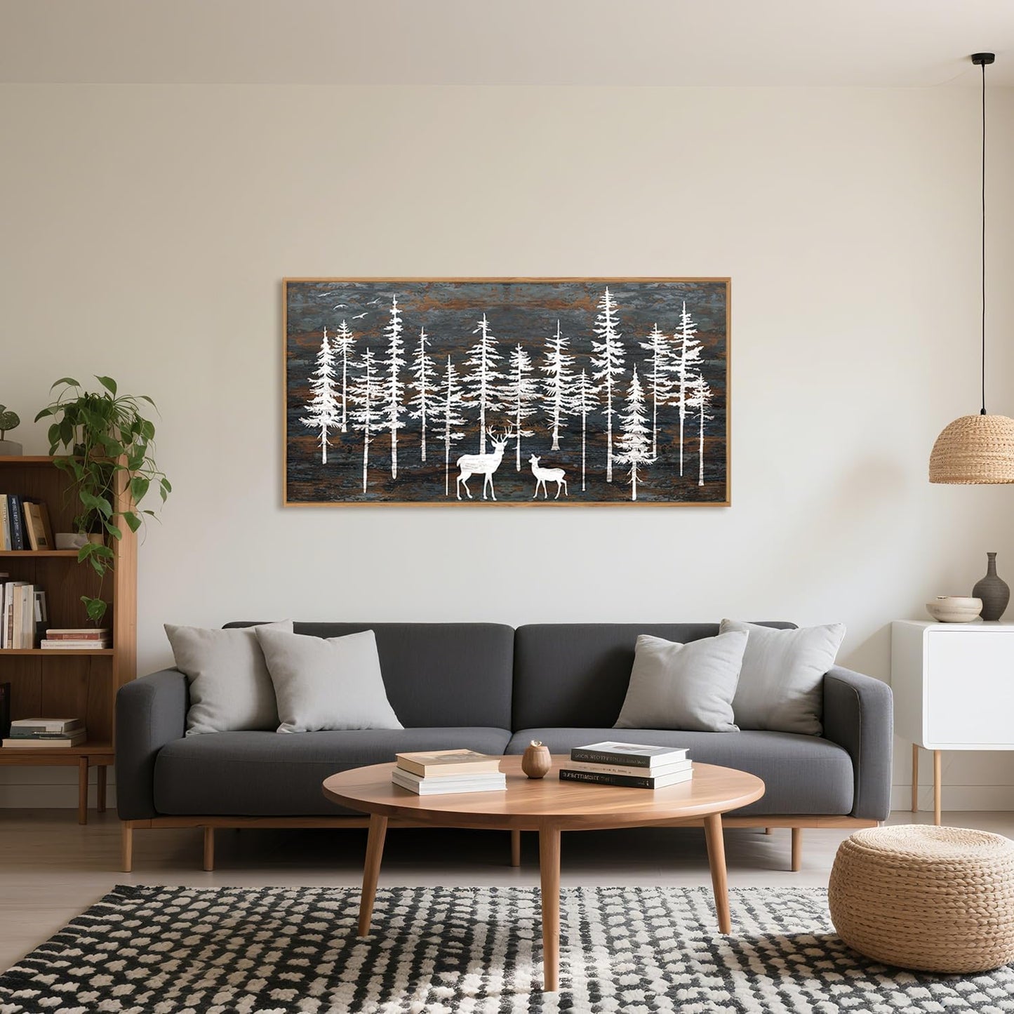 Modern White Forest Framed Canvas Wall Art Set, Minimalist Woodland Art Painting, Retro Tree Landscape Wall Decor, Wildland Deer Artwork for Living Room, Dining Room, Office - 20"x40"