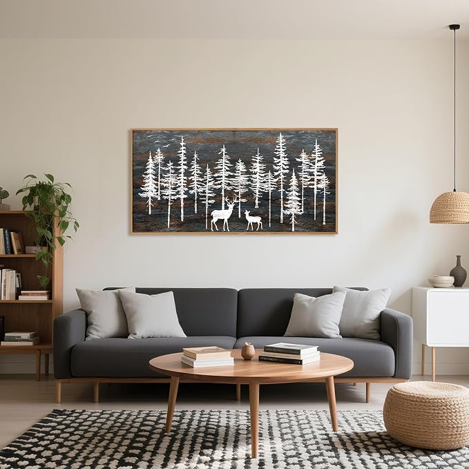 Modern White Forest Framed Canvas Wall Art Set, Minimalist Woodland Art Painting, Retro Tree Landscape Wall Decor, Wildland Deer Artwork for Living Room, Dining Room, Office-20 x40