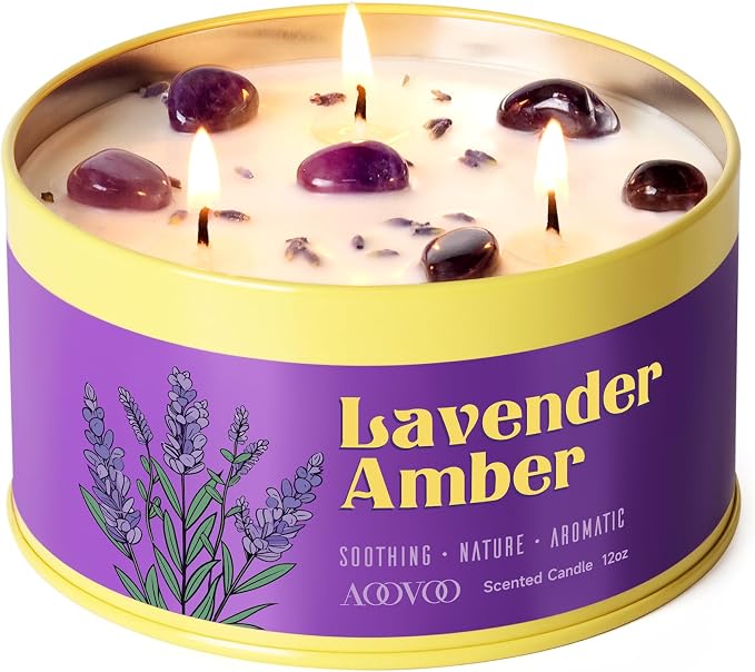 AOOVOO Lavender Amber Candle for Relaxation - 3 Wick 12oz Large Scented Candle with Amethyst & Dried Lavender Inside, Soy Wax Non Toxic for Sleep, Meditation, Aromatherapy Gift for Women Men