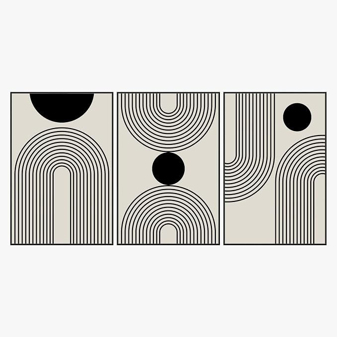 SAFERRYHOME Boho Abstract Wall Art, 3 Pieces Mid Century Modern Framed Canvas Wall Decor Neutral Beige Black Art Painting Print, Geometric Line Artwork Picture for Living Room Bedroom Office, 24"x36"
