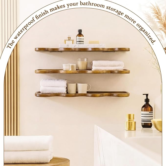Novabright 3 Pcs Walnut Floating Shelves for Wall Solid Wood Scalloped Shelves Rustic Wall Mounted Storage Rack Display Hanging Shelf Farmhouse Decor for Living Room Bedroom Kitchen