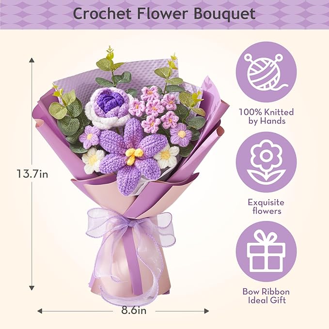 Alecono Crochet Flower Bouquet, Purple Knitted Flowers, Handmade Bouquet of Flowers for Lover Anniversary Birthday Party Mother's Day Graduation Teacher's Day Gifts (Include Card)