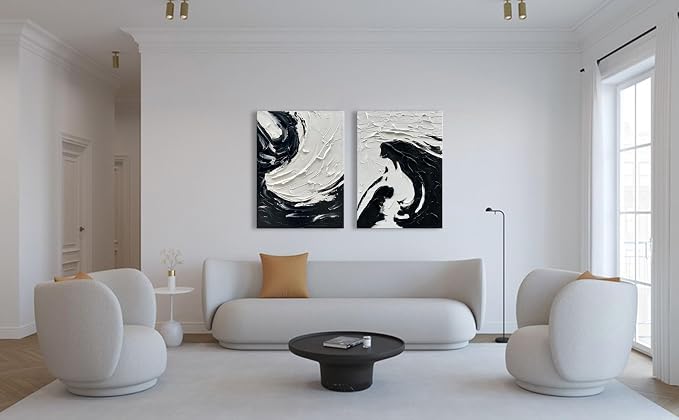 NANKAI Art Minimalist Style Black and White Abstract Oil Painting. Pure Hand-Drawn Wall Art Piece. 40x28 inches. Modern Oil Painting Decorative Art Works for Interior Wall Decoration